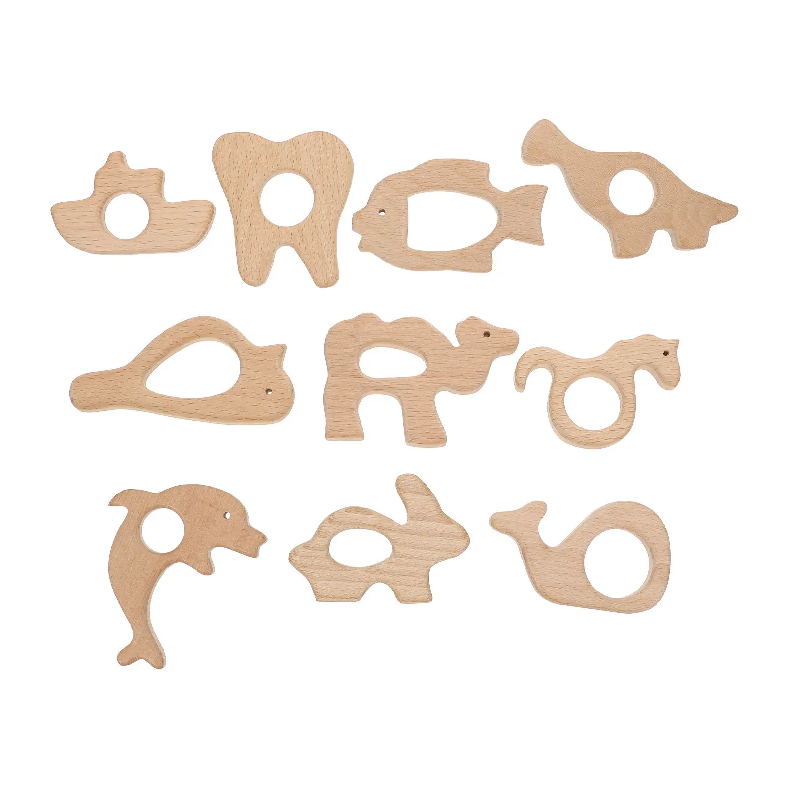 10 Stück Holz-Beißringe für Babys, Natürliche Buchenholz-Backenzahn-Entlastungsstäbchen, Kaubare Zahnungshilfe für Säuglinge, Tierförmig, BPA-frei, zum Zähneknirschen