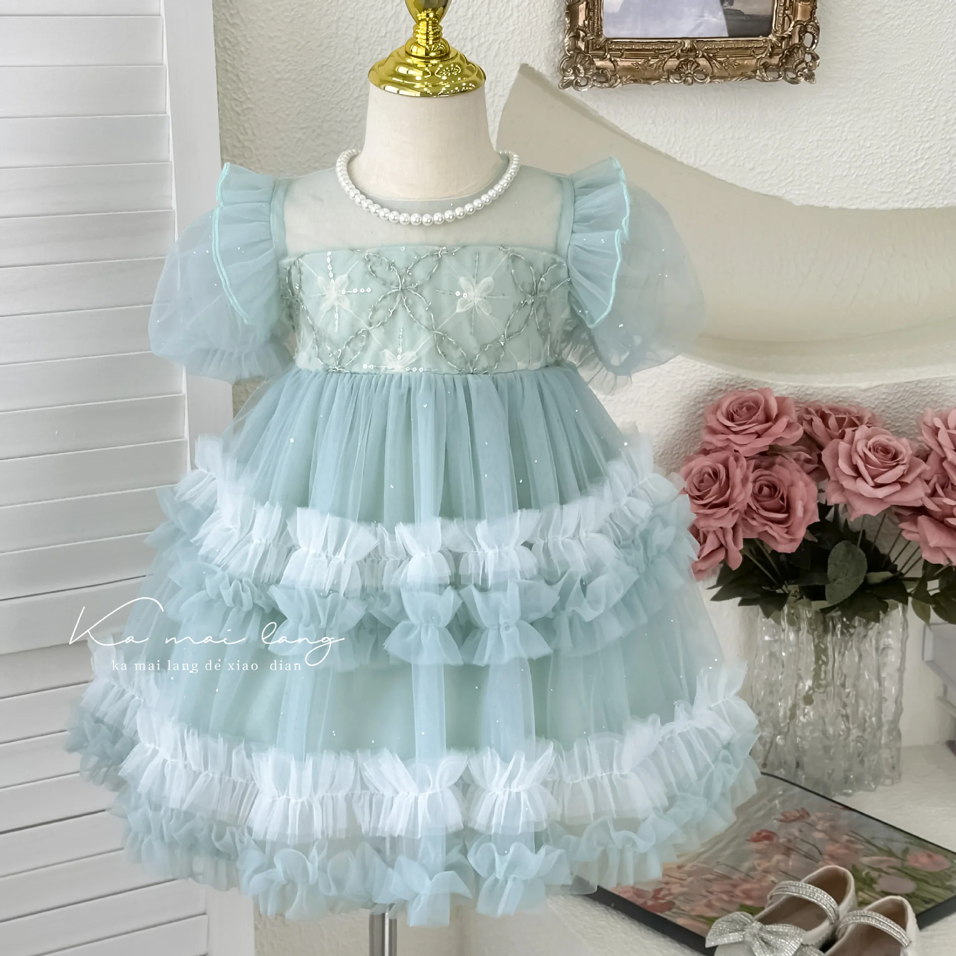 Girls Dress 2024 Summer New Childrens Wear Senior Foreign Pommel Skirt Birthday Skirt Puffed Sleeve Embroidery Princess Dress