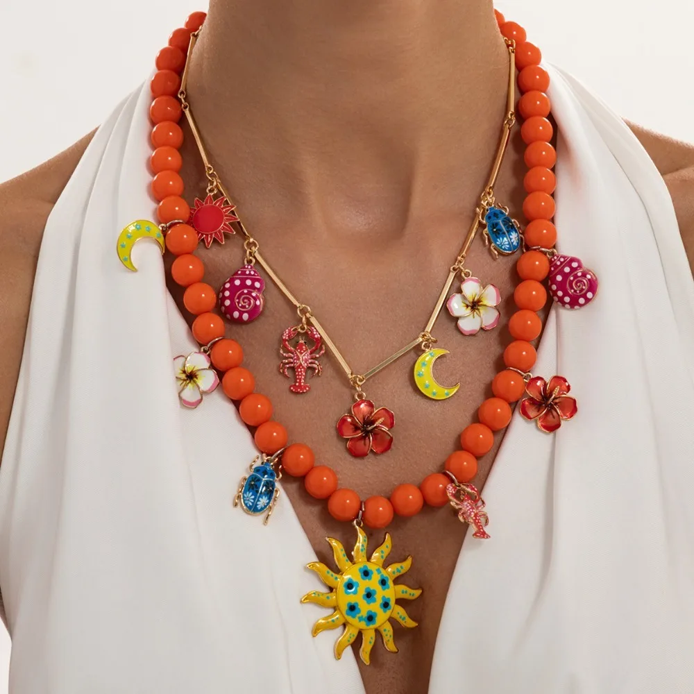 2Pcs Set Boho Orange Bead Sun Shell Lobster Ladybug Enamel Pendant Choker Layered Necklace for Women Stackable Vacation Jewelry