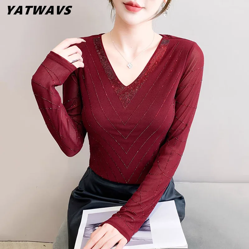 

Высококачественная новая осенняя роскошная футболка с горячими бриллиантами на заказ, сексуальные женские топы с длинными рукавами, модные элегантные тонкие футболки из эластичной сетки