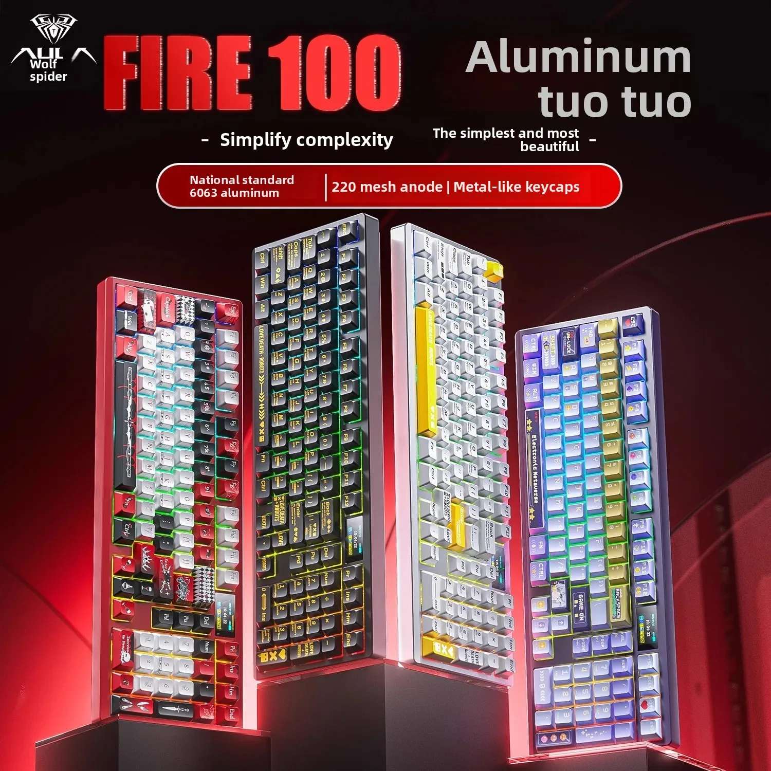 AULA FIRE-100 لوحة مفاتيح ألعاب من سبائك الألومنيوم ثلاثة أوضاع لوحة مفاتيح ميكانيكية شاشة LED طوقا RGB ملحقات رياضية إلكترونية مخصصة