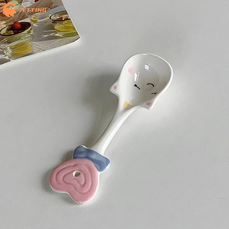 1PCS Cute Underglaze Ceramic Spoon Cartooon Long Handle Perfect For Home Dessert Spoon Yogurt Oatmeal Kitchen Accessories