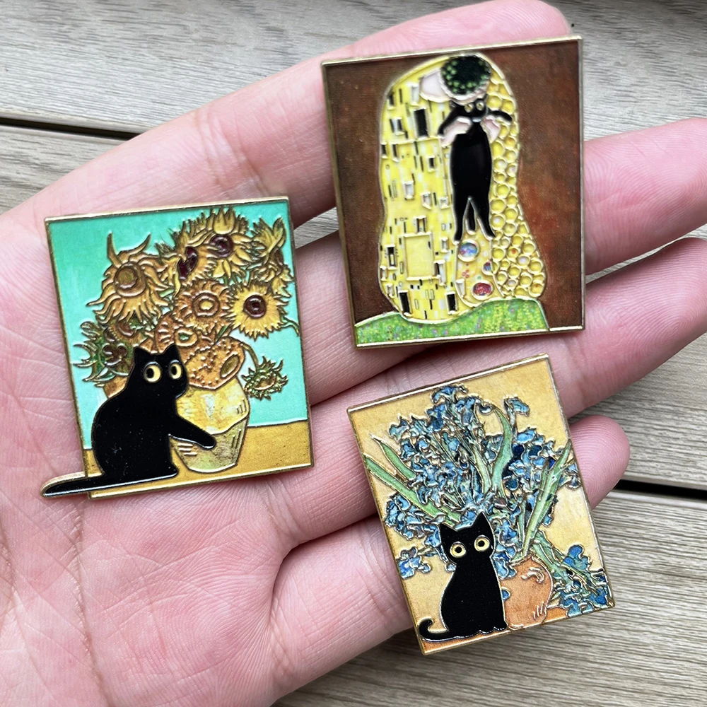 5pcs Famous Painting Black Cat Enamel Pins Set Aesthetic Vintage Sunflower Art Brooches Badge Pins for Backpack fans Collectible view 3