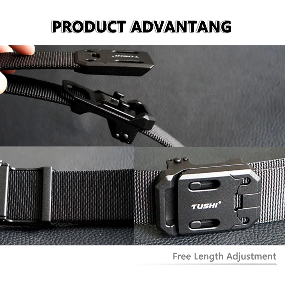 เข็มขัดเหล็กแบบแม่เหล็กอัตโนมัติ TUSHI รุ่นใหม่ เข็มขัดทหารสำหรับผู้ชาย เข็มขัดไนลอนแข็งแบบยุทธวิธี อุปกรณ์เสริมสำหรับกิจกรรมกลางแจ้ง IPSC