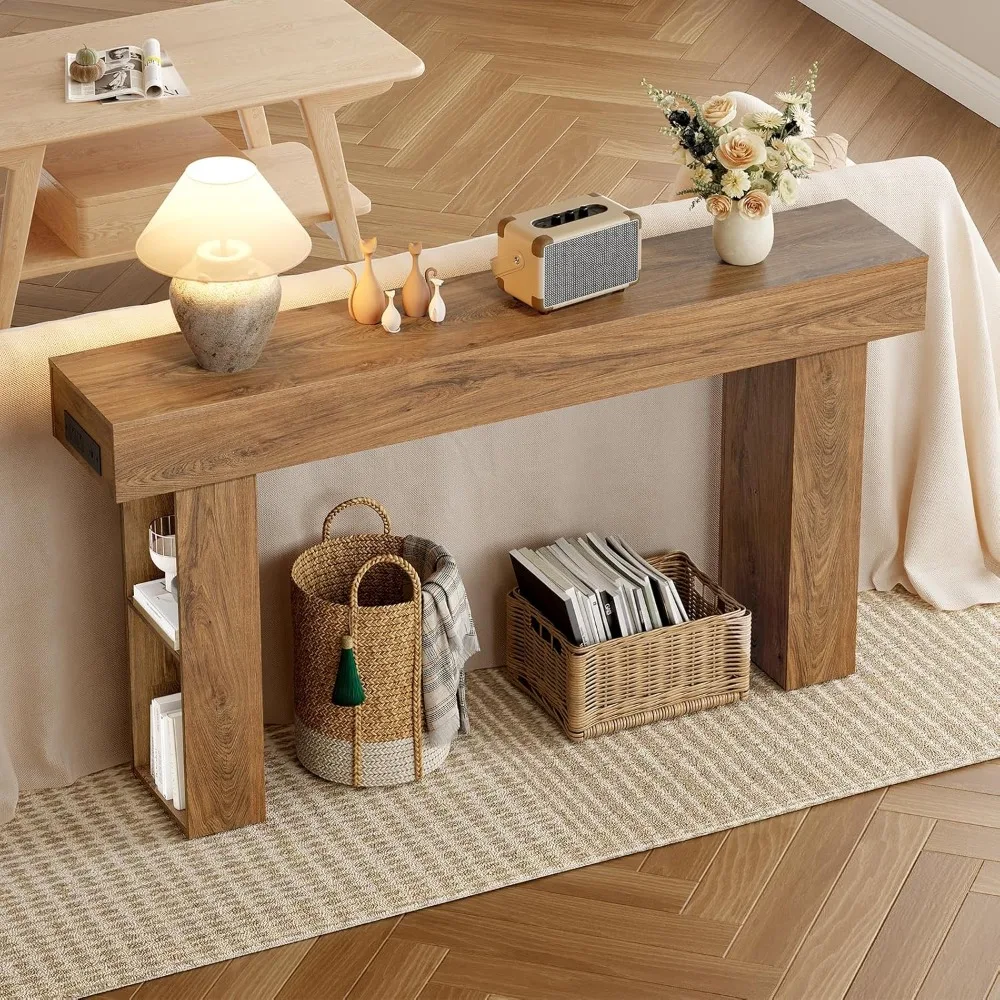 

63 Long Console Table, Narrow Entryway Table with Charging Station and LED Lights, 2-Tier Farmhouse Behind Couch Table