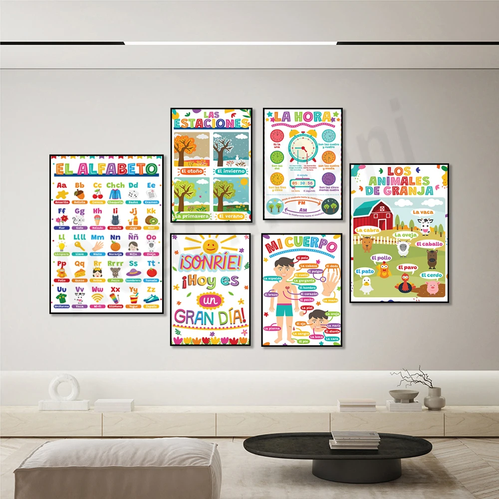 Spanish - Alphabets, Five Senses, Time, Numbers 1-10, Farm Animals, Shapes, Weather Posters, Spanish and ESL Classroom Gifts,