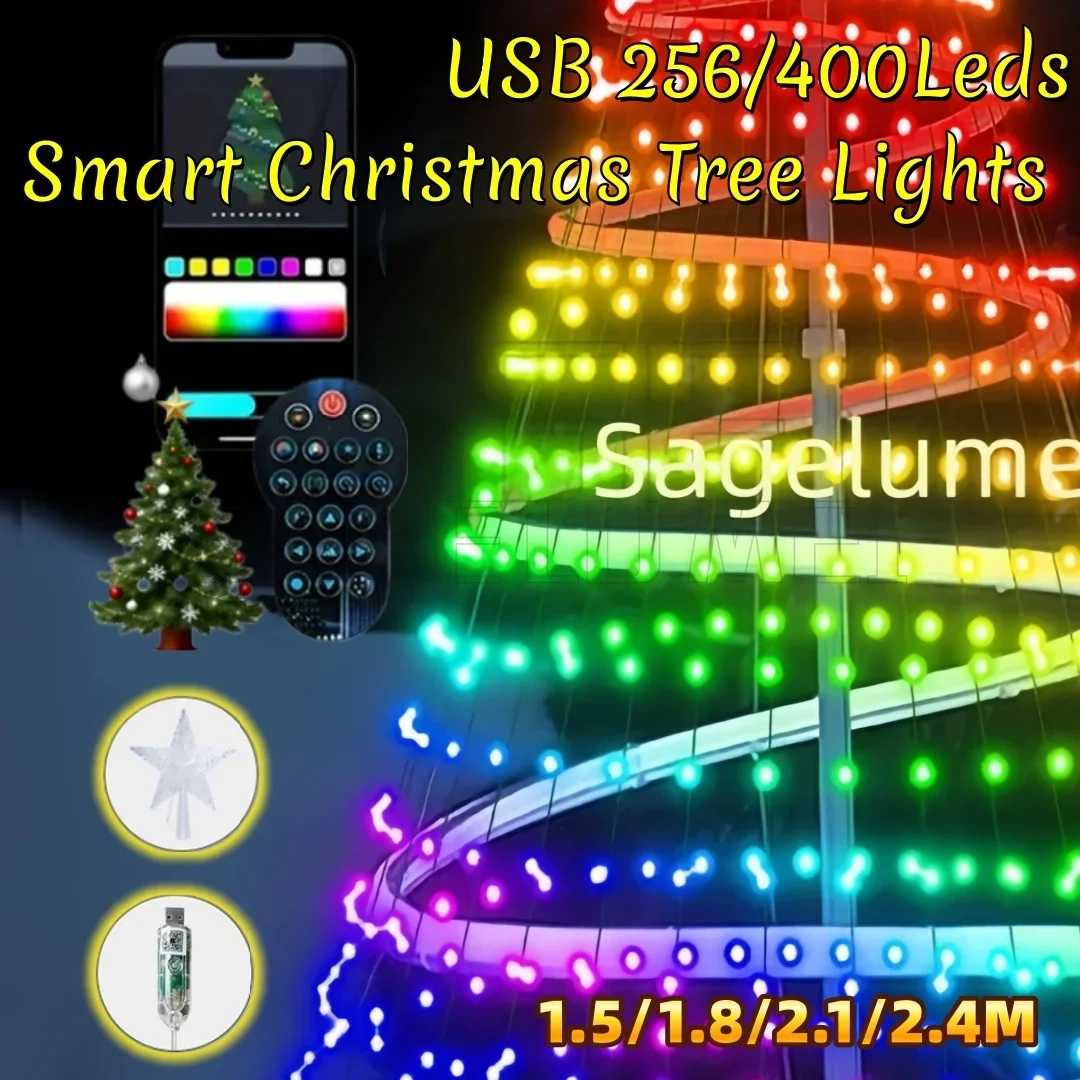 USB 256/400Leds Smart Christmas Tree Light Christmas String Lights APP Remote Control DIY Pattern for Indoor Outdoor Decorations