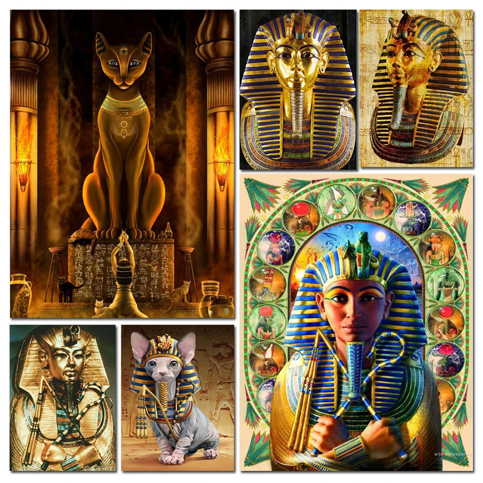 New 2023 5D Diamond Painting Egyptian Pharaoh Diamond Mosaic Religion Cross Stitch Embroidery Kit Cat Picture Of Rhinestone Art