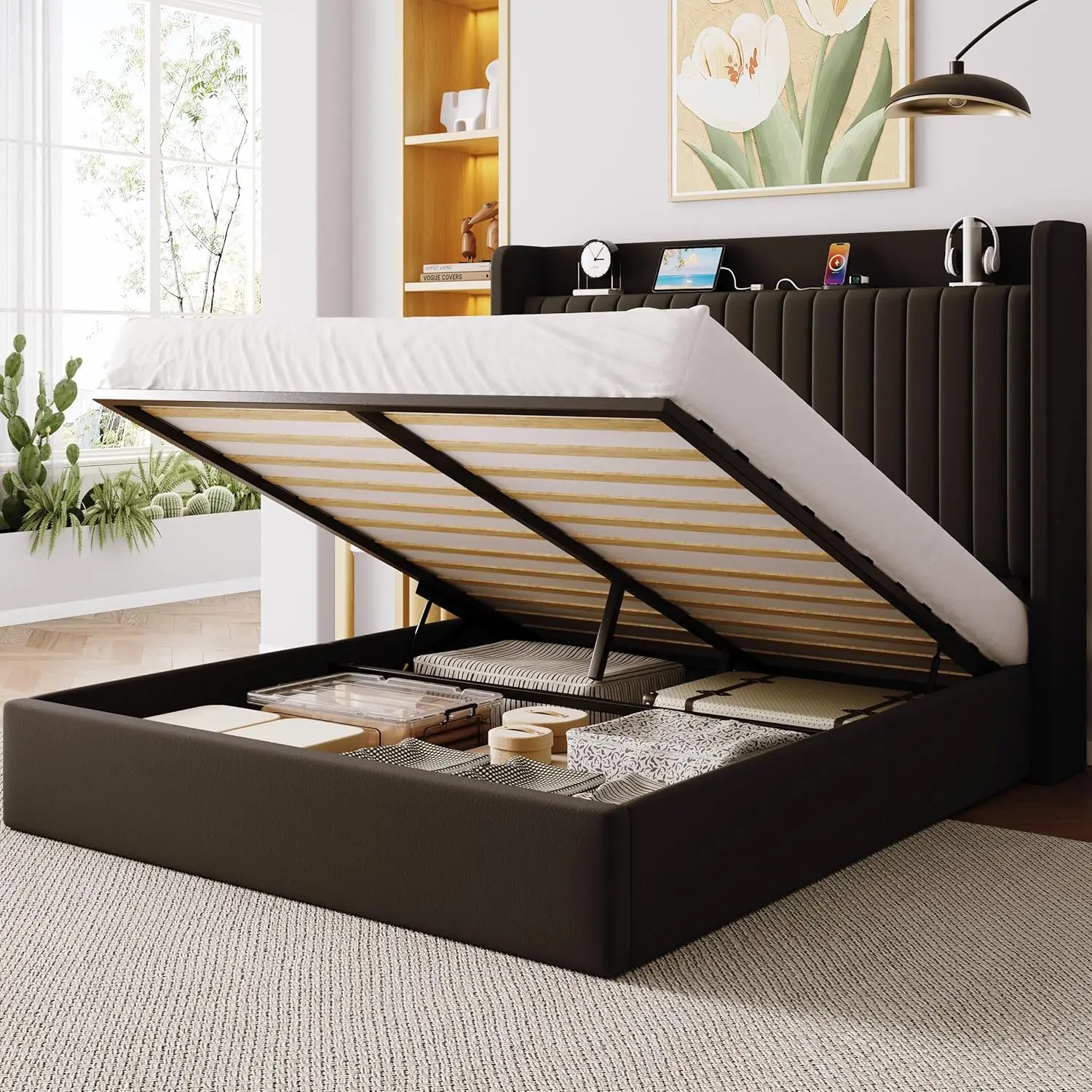 Queen Size Lift Up Storage Bed Frame,Storage Shelf Headboard with Charging Station,Type-C and USB Ports,Hydraulic, Customized