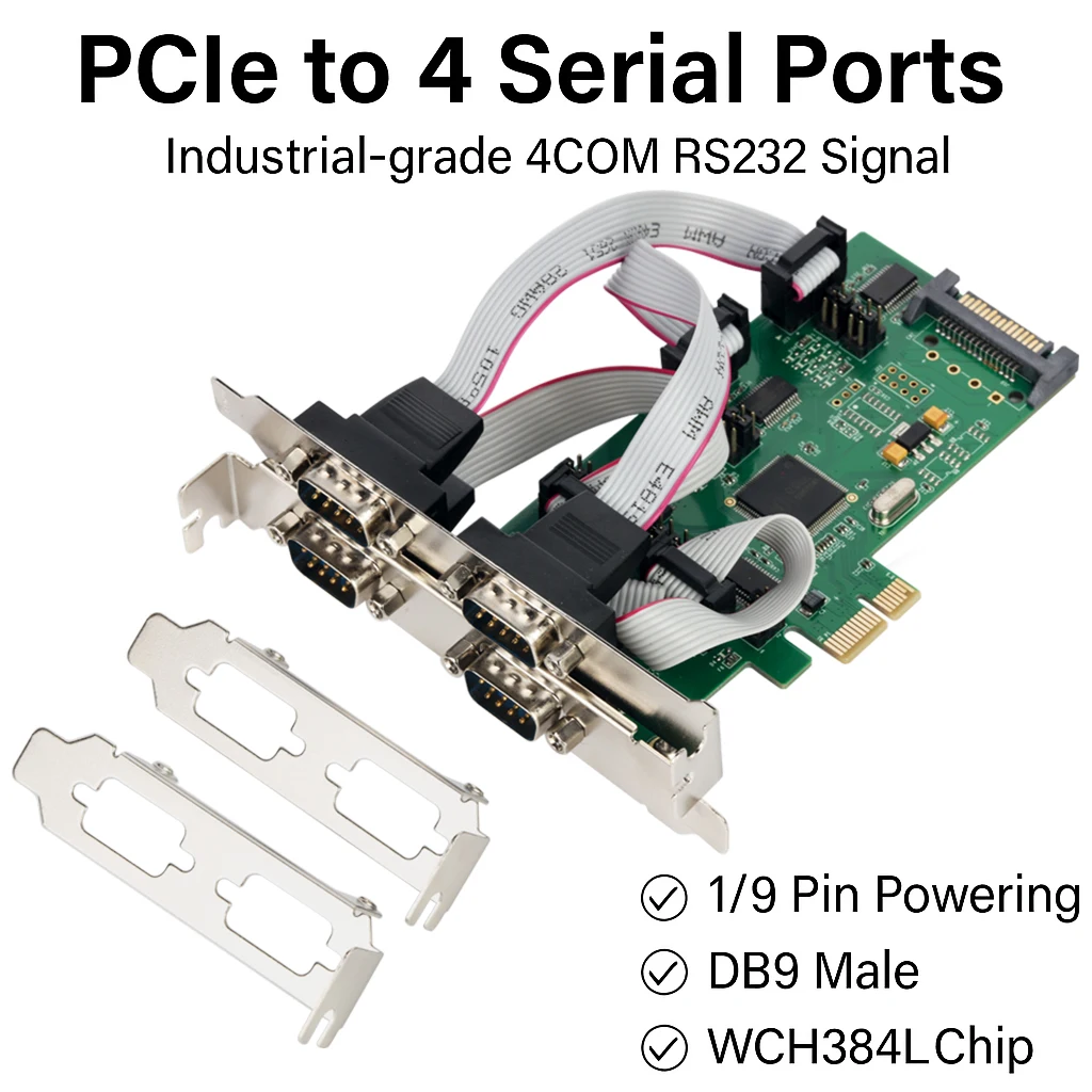 4 Port PCIe to RS232 Serial Adapter Card with High Speed WCH384 Chip Support 5/12V Power Output 16550 UART for Industry PC Bank