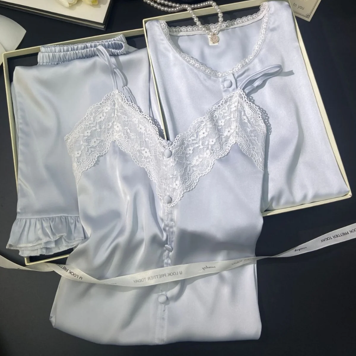 

Spring New 3PCS Pajamas Set Women'sleepwear Sexy Lace Cardigan Trouser Suits Loose Casual Silk Satin Loungewear Home Clothes