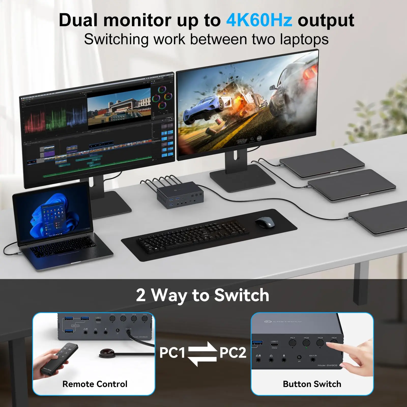 2025 KVM Switch 2 شاشات 4/3/2 قطعة محطة إرساء 4K60 هرتز Thunderbolt KVM مع Displaylink دعم USB3.0/USB C في DP/HDMI Out