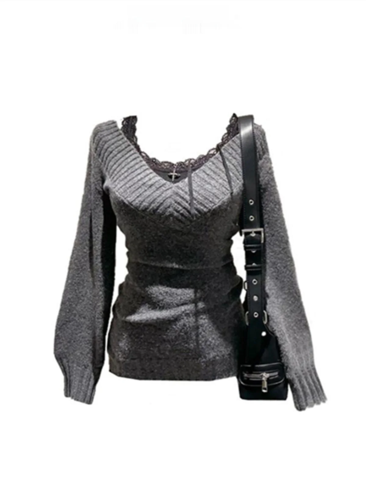 

Y2K Sweet And Spicy Girl Retro Slimming Grey V-Neck Knitted Sweater Women's Early Autumn Fashion Commute Style Long Sleeve