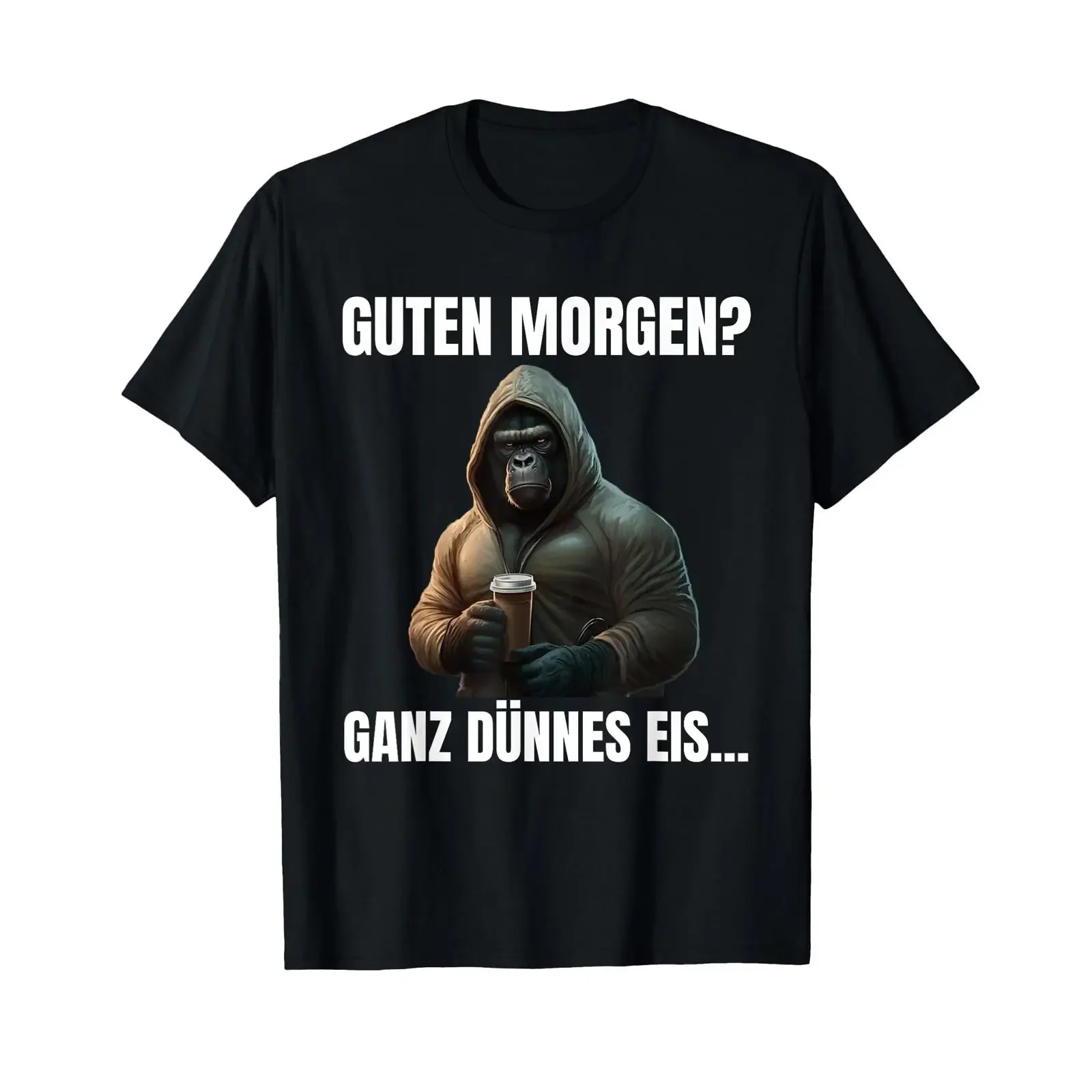 Guten Morgen Ganz Dünnes Eis Lustiges Kaffee-T-Shirt mit Gorilla-Design, schwarz, Vintage, gewaschen, vielseitig, Unisex, Streetwear, leicht