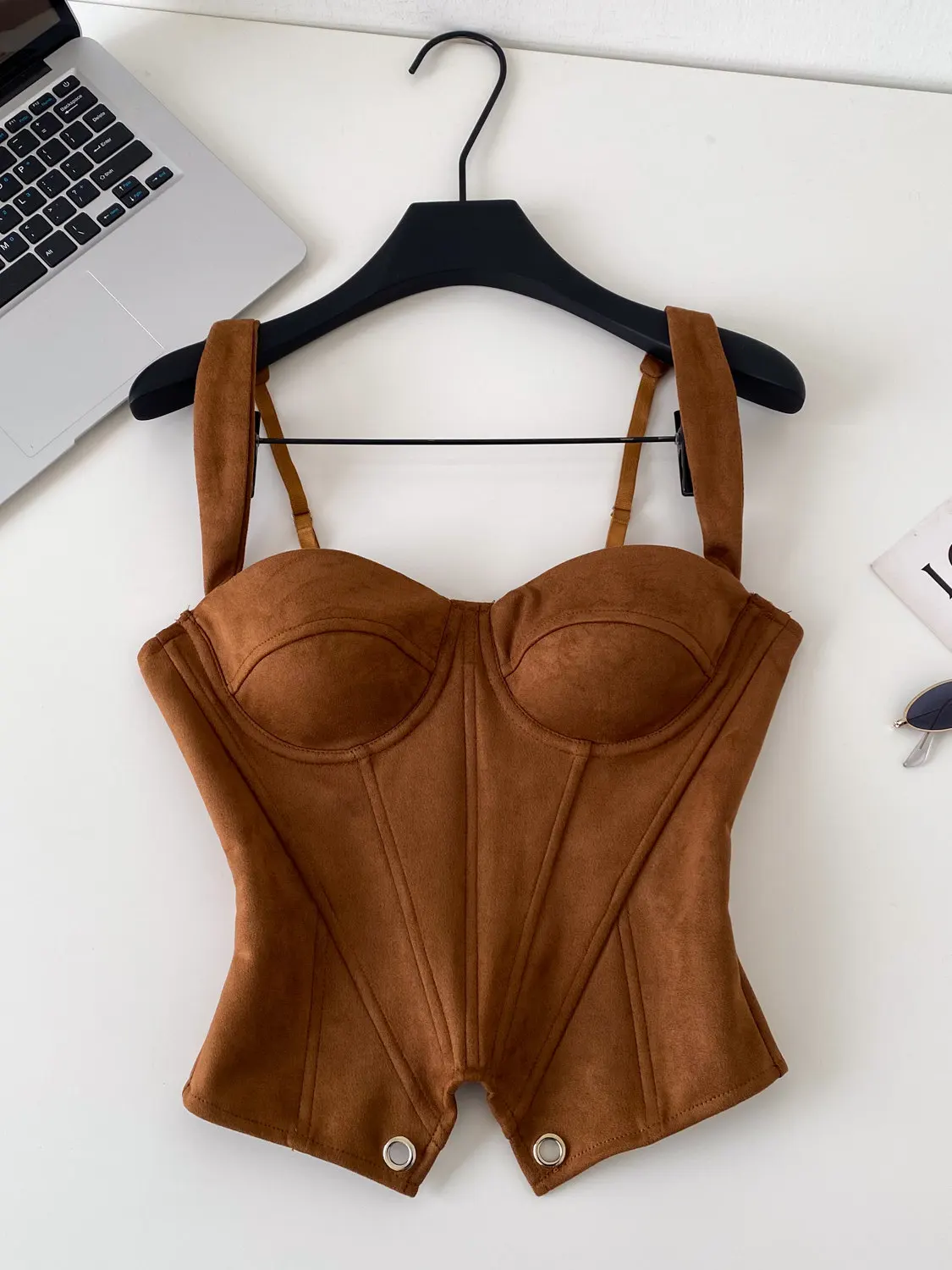 Women's Brown Crop Top Vintage Y2K Cropped Tops Vintage Tank Top Suede Camisole Top Fishbone Bustier For Women Summer 2026 New