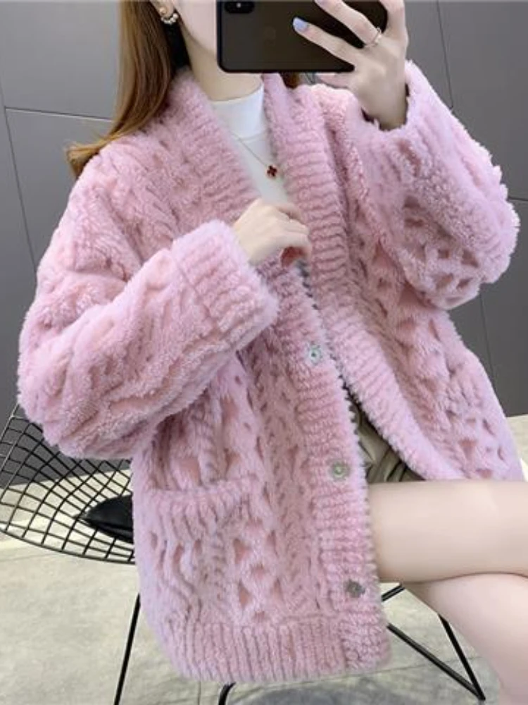 Women Real Fur Coat Winter Jacket Oversize Female Loose V-neck Blends Streetwear Natural Wool High Quality  Outerwear G151