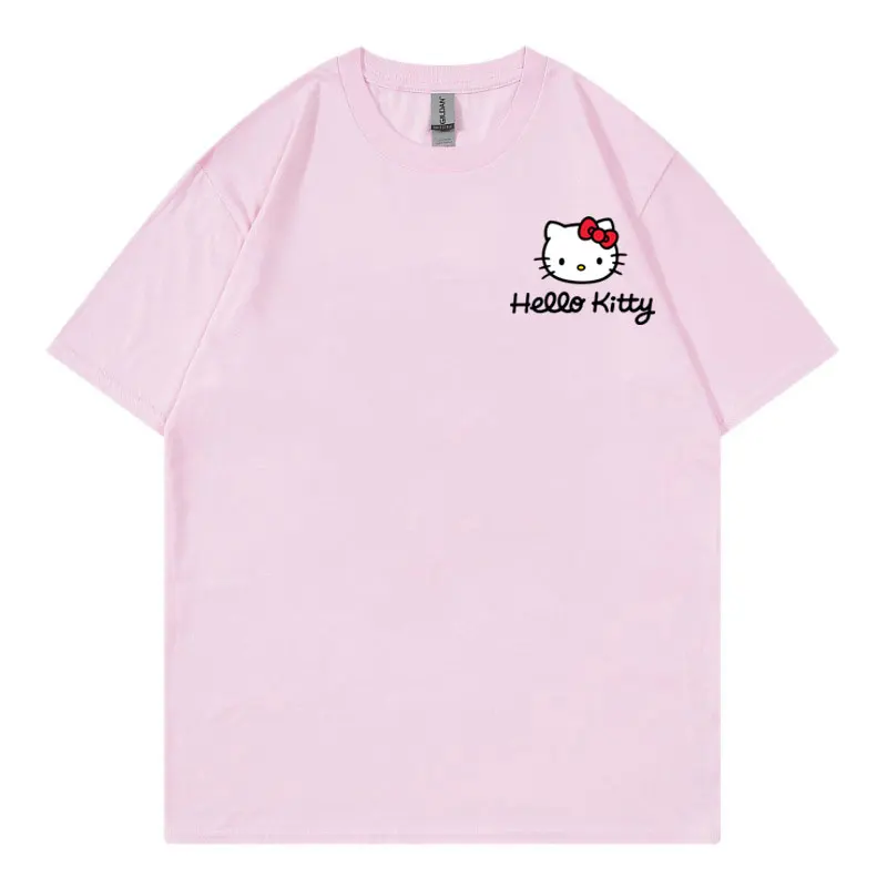 Hello Kitty Women Oversized T-shirt Summer Short Sleeve 100% Cotton Men Tee Shirt Tops Cartoon Anime Fashion Couple Clothing