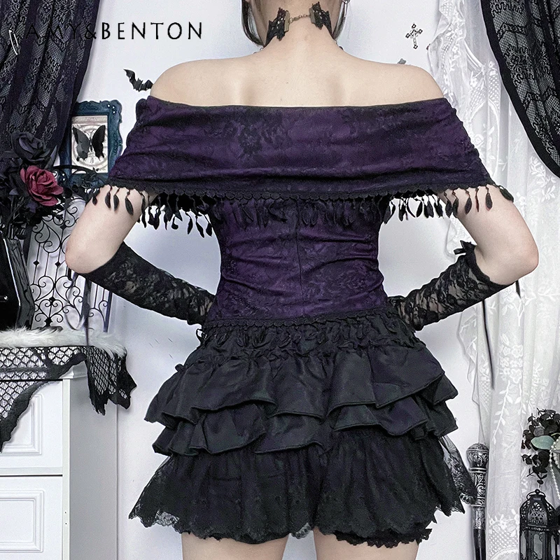 القوطية خارج الكتف الساخن فتاة المرأة الأعلى 2025 الخريف الشتاء جديد أسود تنوعا الحلو كول مثير منتفخ نصف التنانير دعوى Adies #1