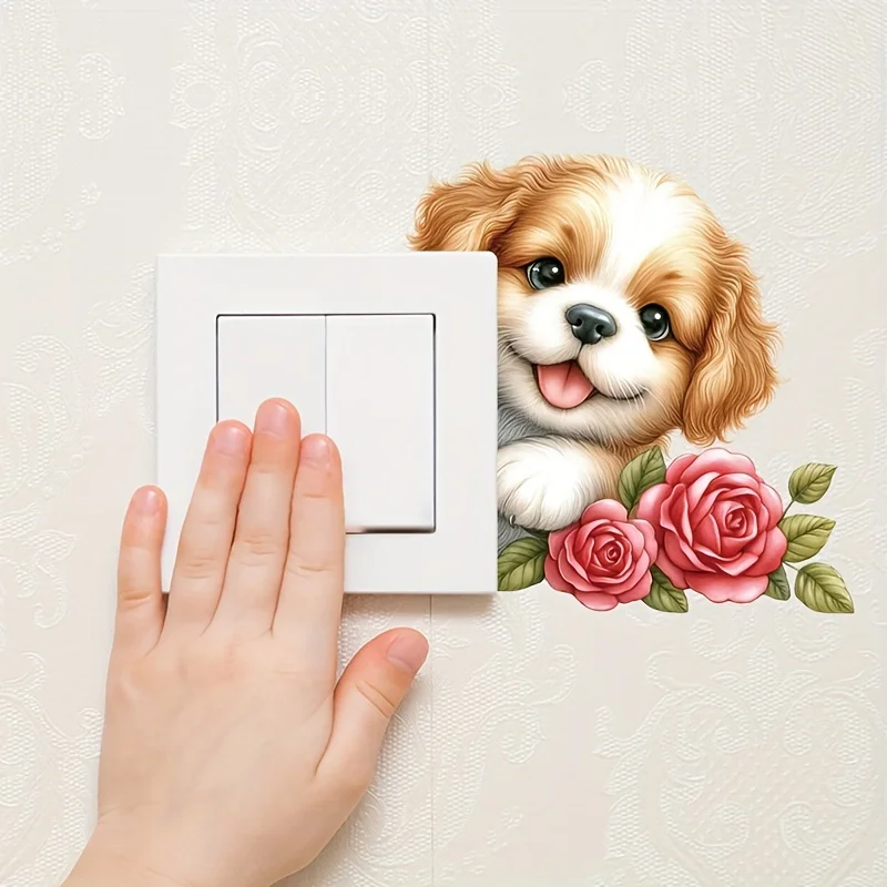 1pc Adorable Puppy Switch Stickers Bedroom Living Room Light Switch Decals Cartoon Animal Home Decoration Wterproof Wall Sticker