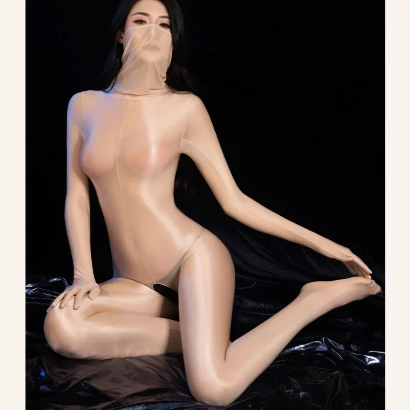 

Women Sexy Lingerie Jumpsuit Oil Shiny Body Stockings See-Through Underwear Full Cover Open Crotch Transparent Pantyhose