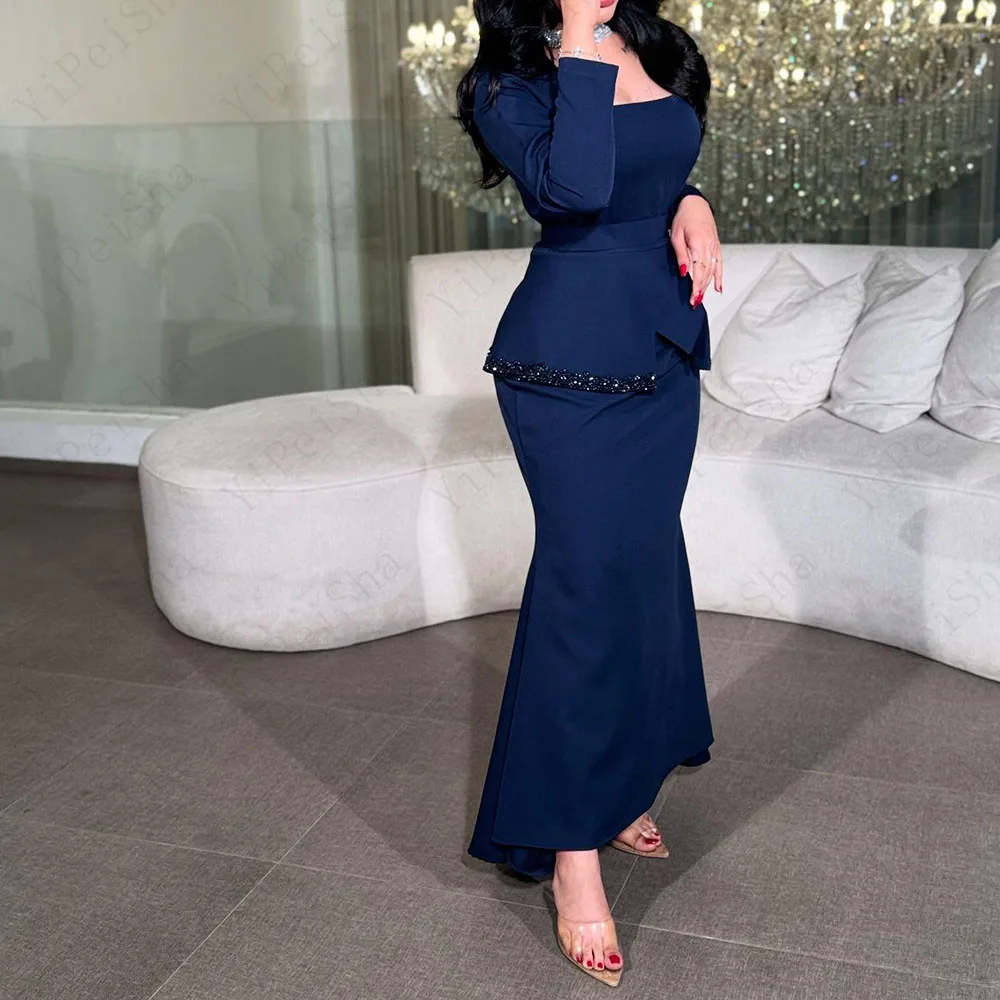 Vestidos de fiesta de corte a personalizados, vestido de noche de manga larga con cuello cuadrado hasta el tobillo, vestido de fiesta drapeado Simple con lentejuelas a la moda