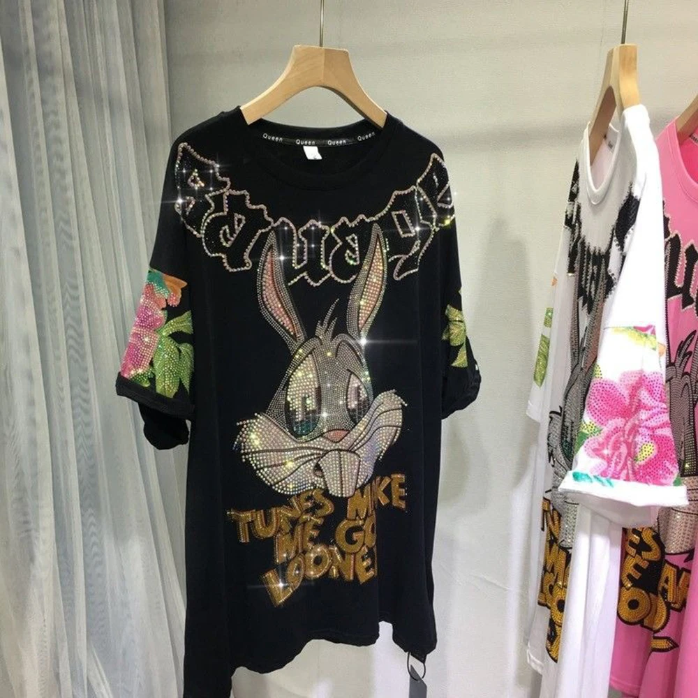 

plus Size Heavy Rhinestone Short Sleeve T-Shirt Women round Neck Rabbit Fashion Trendy Top