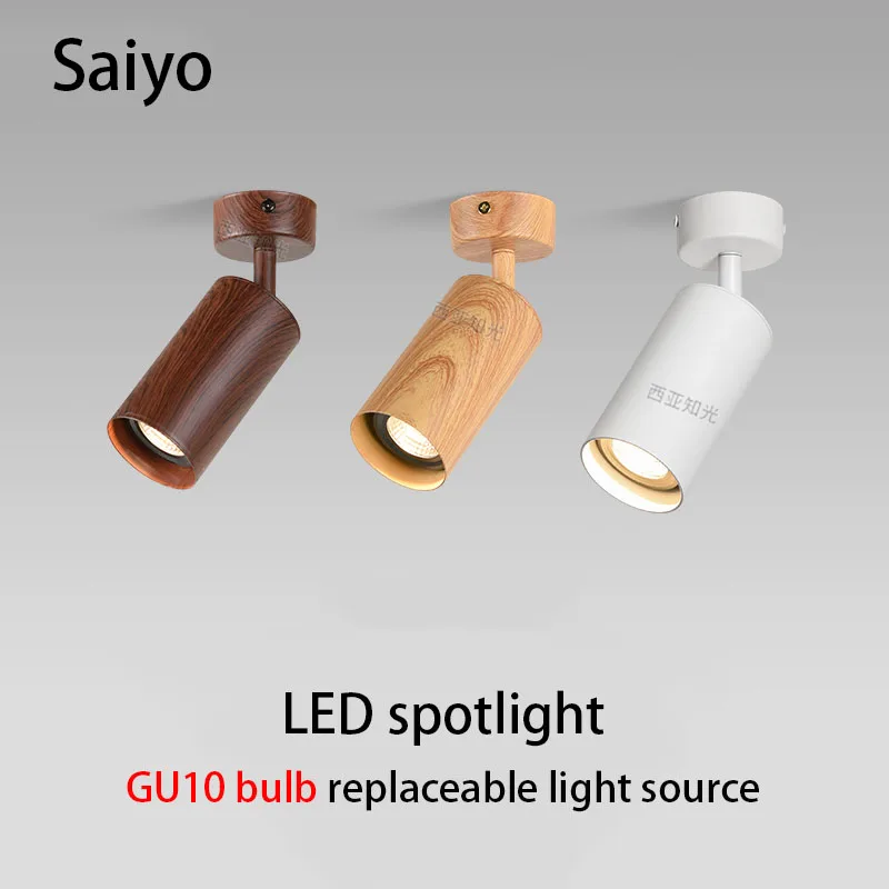 

Led Spotlight GU10 Bulb Replaceable Spot Light Surface Mounted Ceiling Lamp Walnut Log Wood Color Adjustable Angle Foco Lights