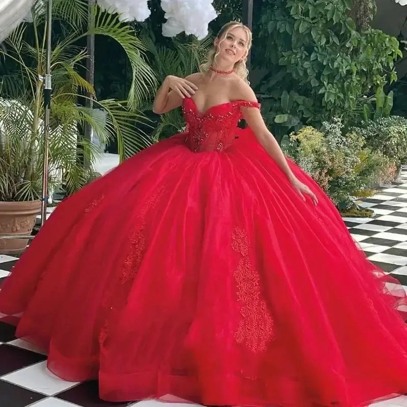 Customized Sexy Hot Red Vestido De Princesas Sweetheart Illusion Lace-Up Tull Ball Gown Party Dress Vestidos De 15 Quinceañera