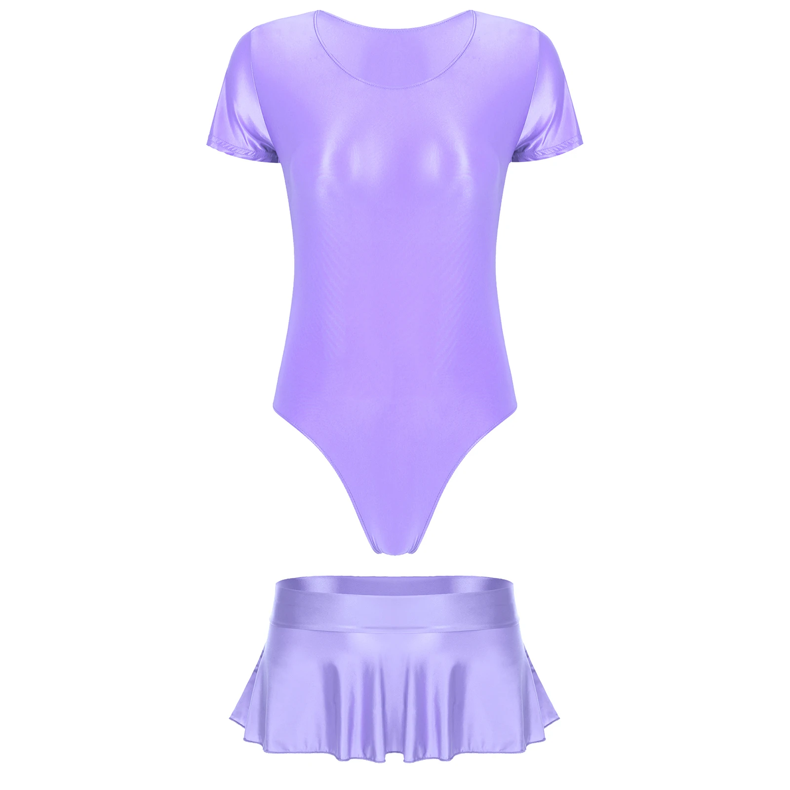 Women Glossy Swimsuit Short Sleeve High Cut Leotard with Low Rise Ruffled Miniskirt Pool Party Beachwear Pole Dancing Clubwear