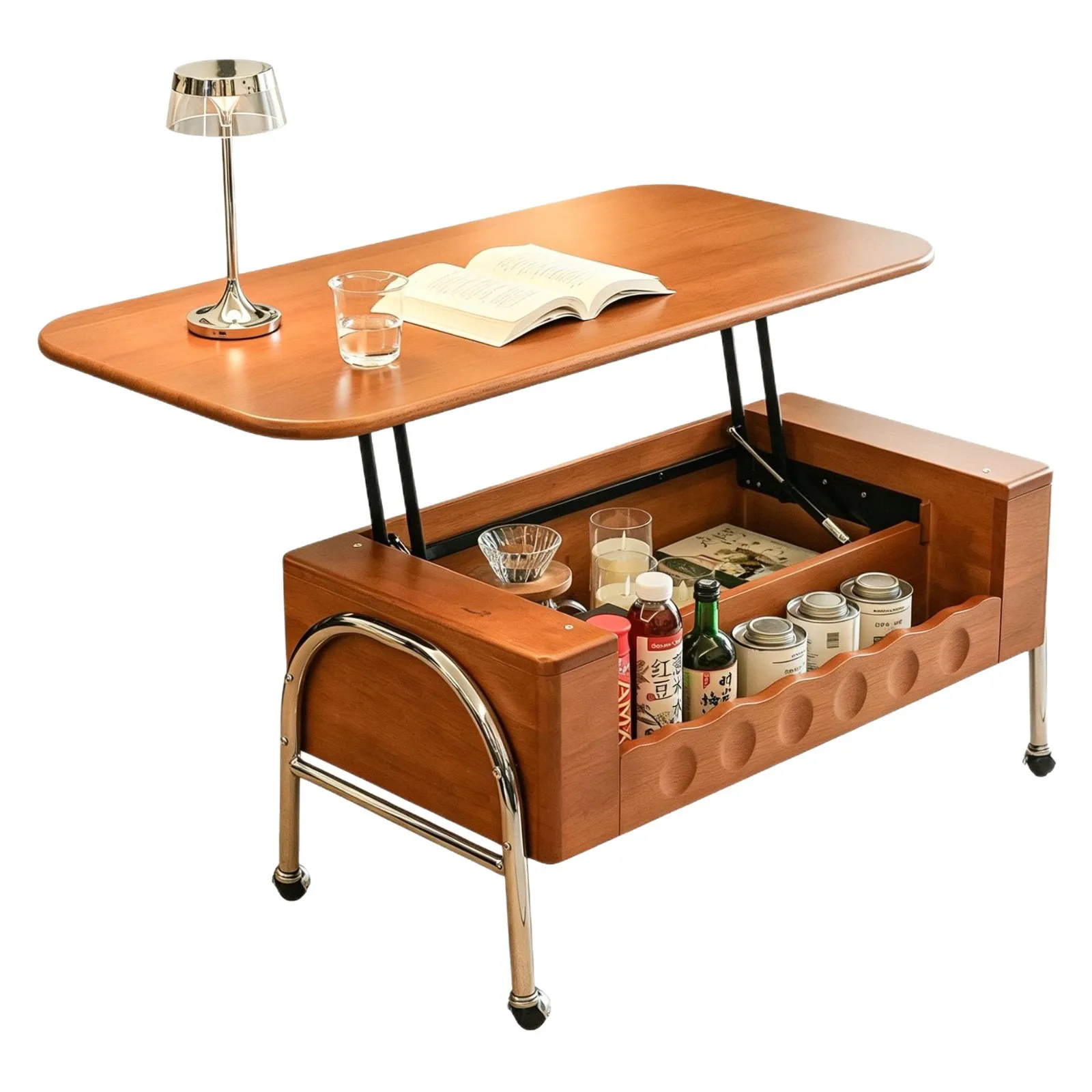North American cherry wood color living room can be lifted and lowered mobile folding coffee table