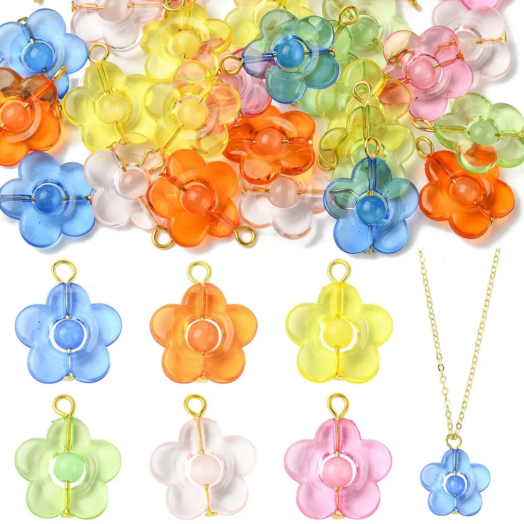 30Pcs 6 Colors Mixed Color 24mm Flower Acrylic Cat Eye Bead Charms with Iron Findings, Hole 3mm for DIY Keychain