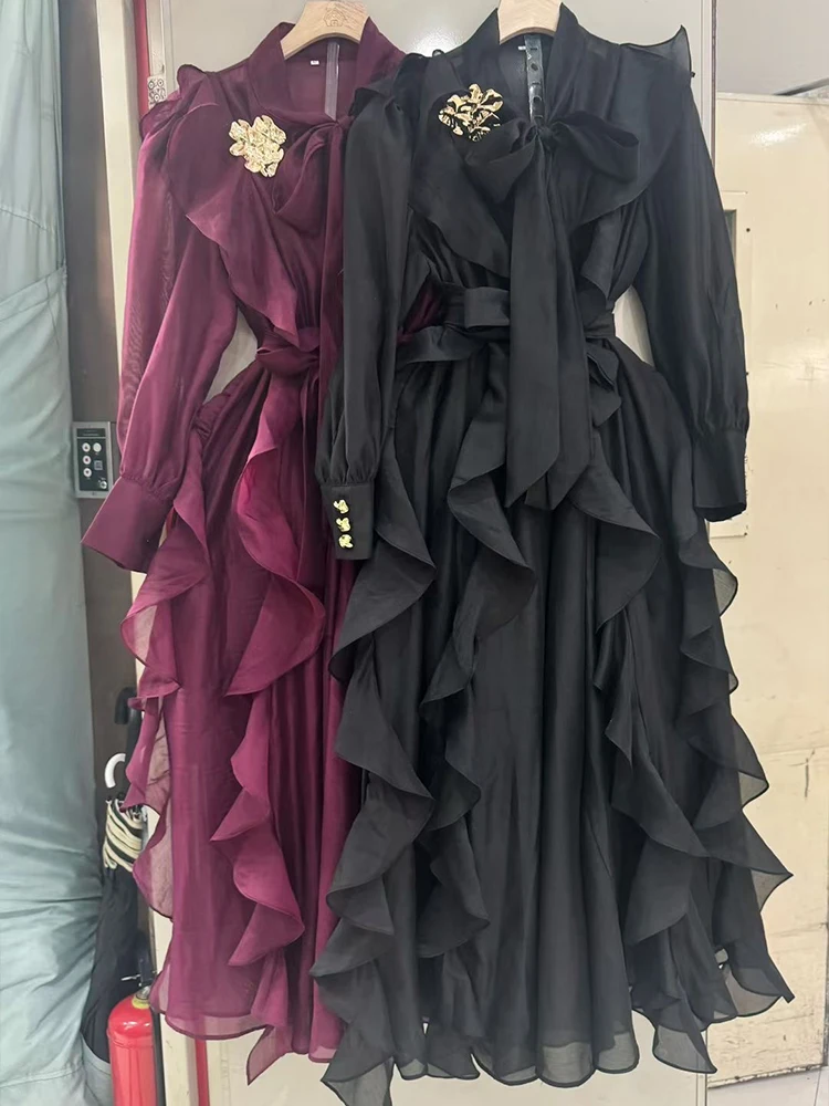 레트로 솔리드 컬러 우아한 허리끈 드레스 2025 가을 여성 신상 패션 긴팔 불규칙 러플 여성 루즈 드레스