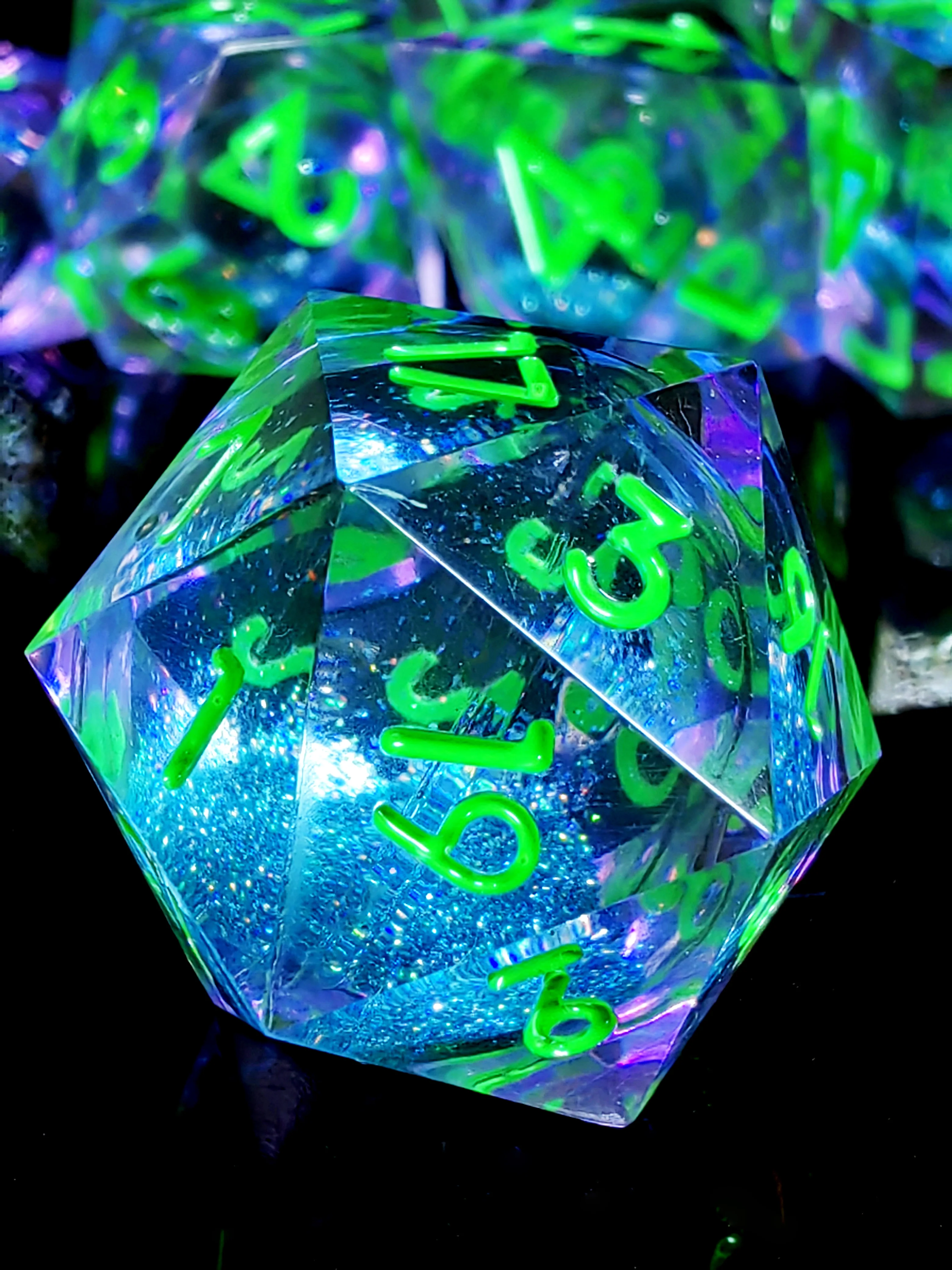 DnD Dice Set – 7 Piece Sharp Edge Resin Dice, Blue Sand, Transparent Base, Green Numbers, for Dungeons & Dragons, RPG