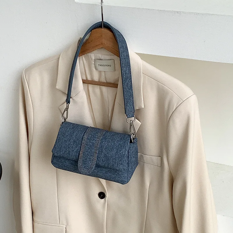 French Simplicity Denim Shoulder Bag Versatile Fashion New Commuter Women\'s Bag High-end Flip Over Underarm Bag Small Square Bag