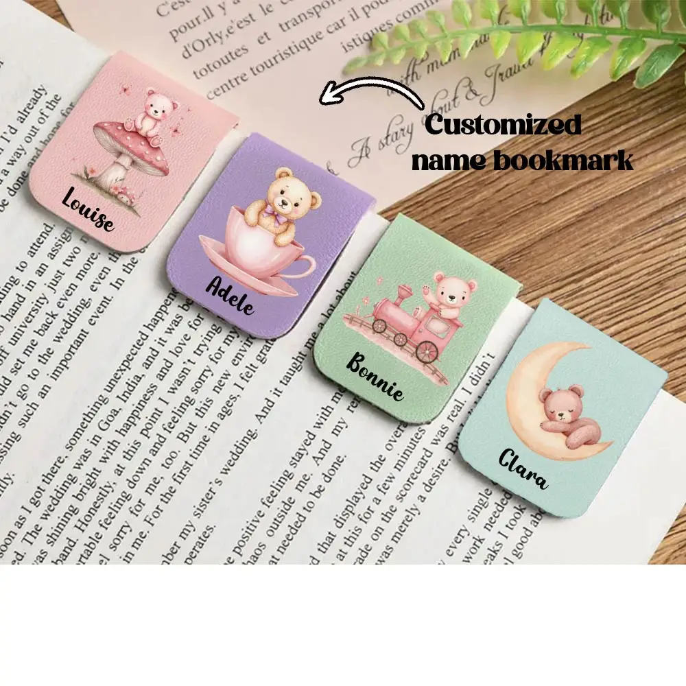 1pc Name Bookmark with cute bear ,Custom Leather cute bear Bookmark,Personalized Magnetic Bookmark,Book Lover Birthday Gift