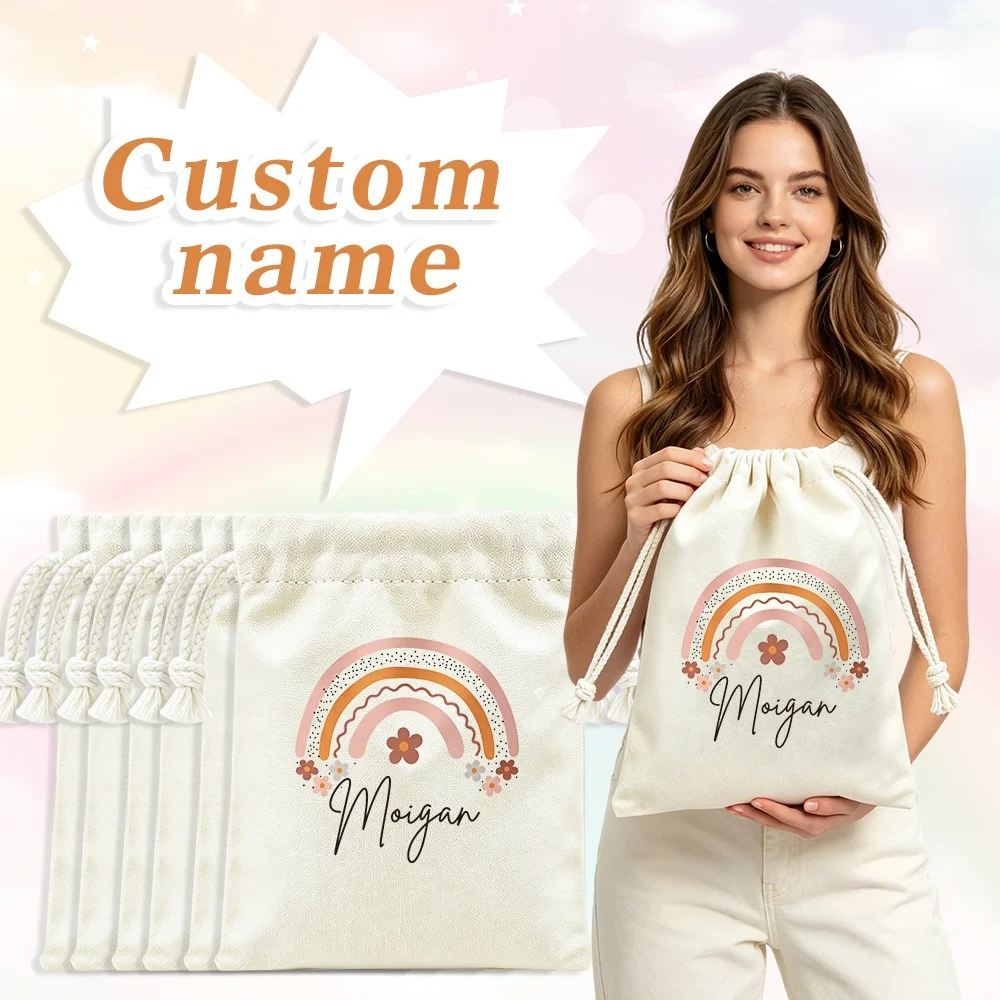 1Pc Custom Name/Text Rainbow Pattern Imitation Hemp Gift Bags, Extra-Large Drawstring Bag, Party Gift Candy Bags, Christmas Gift