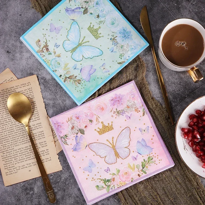 New Blue Pink Butterfly Crown Printing Paper Towels Hot Color Napkins Party Paper Towels 20 Sheets Food Grade 2Ply 33*33cm Cheap