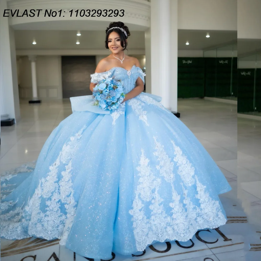 EVLAST Personalizzato Cielo Blu Abito Quinceanera Abito di Sfera Bianco Applique di Pizzo Perline Corsetto Arco Dolce 16 Vestido De 15 Anos E1Q157