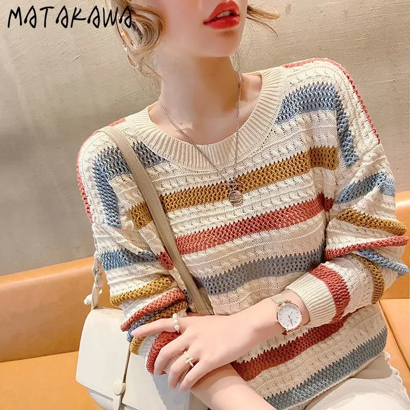 

Matakawa Woman Sweaters Stripes Contrast Color Autumn Winter Thin Pullovers Korean Fashion Vintage Hollow Out Pull Femme
