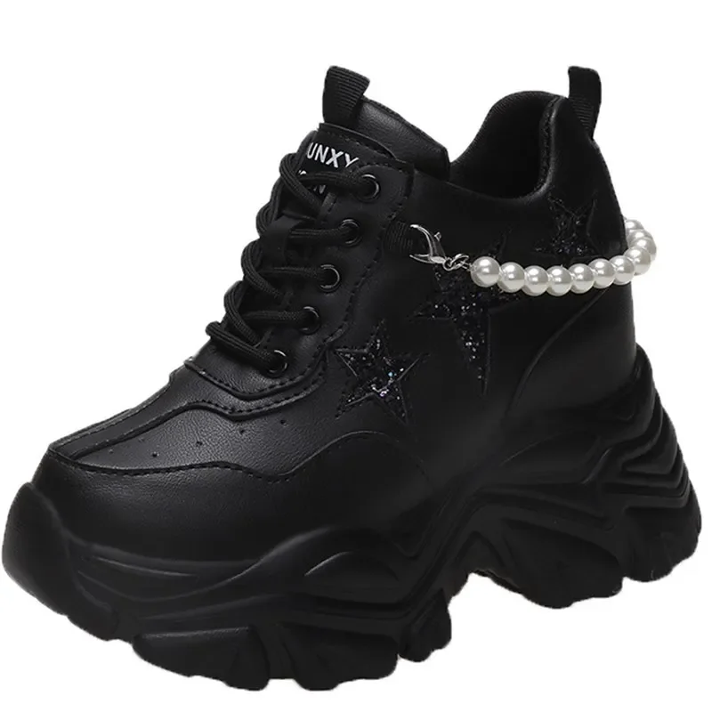 

7cm Shiny Sequins Chunky Platform Sneakers Women Breathable Lace Up Height Increase Shoes Woman Fashion Pearl White Sneakers