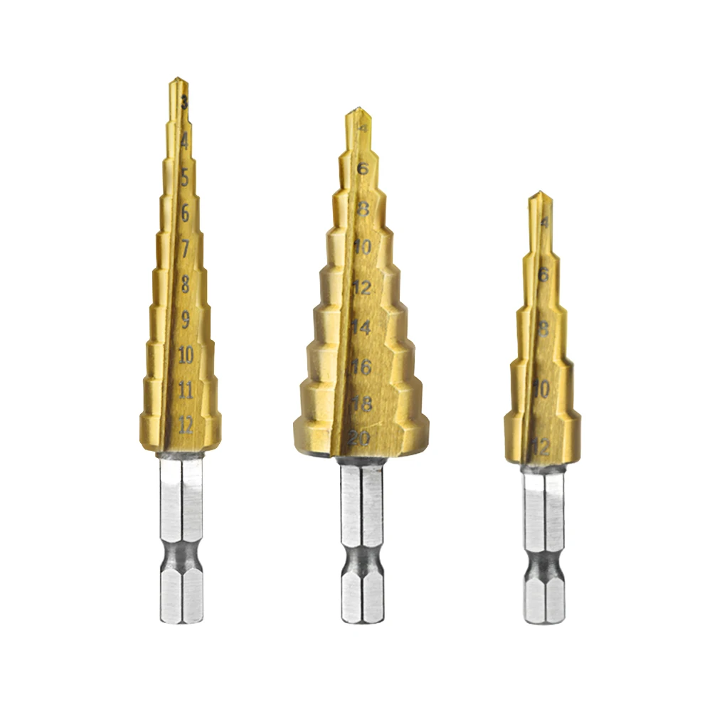 3Pcs Step Drill HSS Steel Titanium Cone Bit Hole Metal Cutter Tool 4-12/20/32 Drill Bit Set Titanium Coated Steel Step Quick