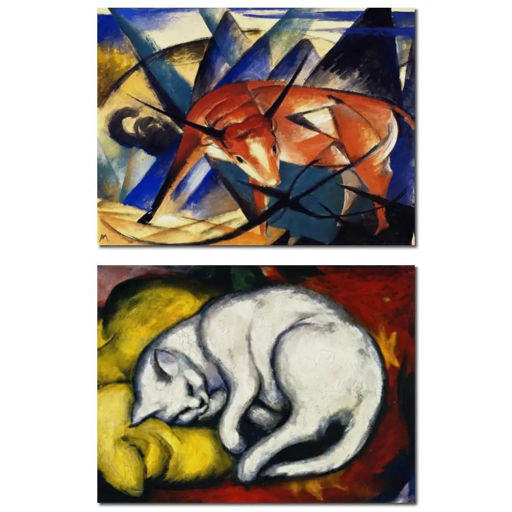 Large Size Oil Painting Franz Marc White Cat Tom Yellow Pillow Handmade Canvas Artwork Animal for Office Living Room Wall Decor