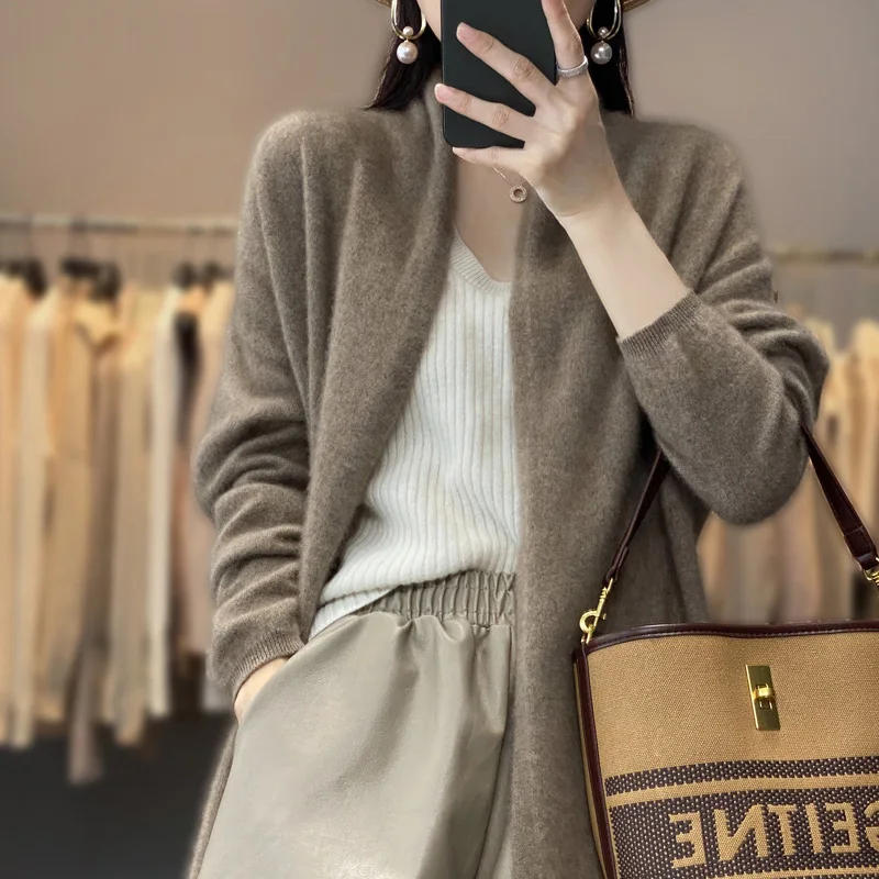 

Fashion 100% Merino Wool Mid-Length Knitted Solid Color Long Sleeves Cardigan Cashmere Soft Warm Lazy Style Clothing Top