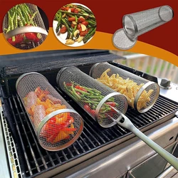 Nieuwe Rolling Grilling BBQ Basket RVS Lekvrij Mesh Barbecue Rack Outdoor Picknick Camping Eenvoudige Cilindrische BBQ Grill