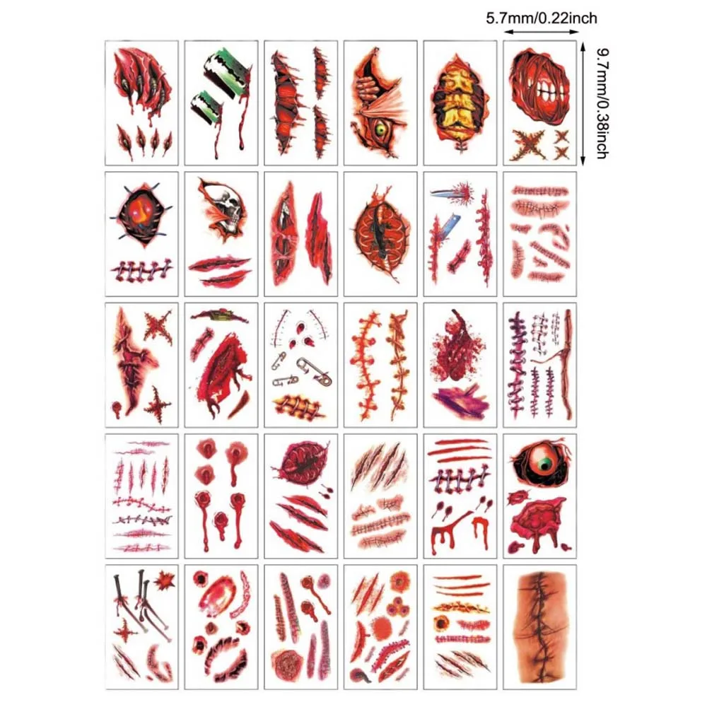 30Pcs Halloween Temporary Tattoo Stitches Scar Blood Wound Transfer Sticker Waterproof Body Art Tattoo For Party Cosplay