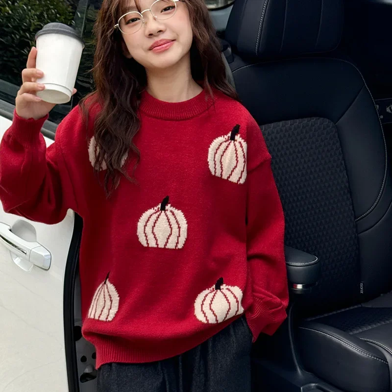 Winter Christmas Sweater for Girls Red Jacquard New Year Knitted Tops Casual All-match Teen Children Clothes Daily Kids Pullover