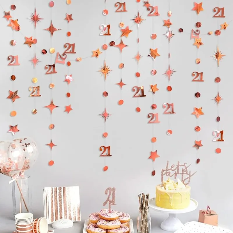 

Rose Gold 21th Birthday Decorations Number 21 Circle Dot Twinkle Star Garland Hanging Streamer 21th Anniversary Party Supplies