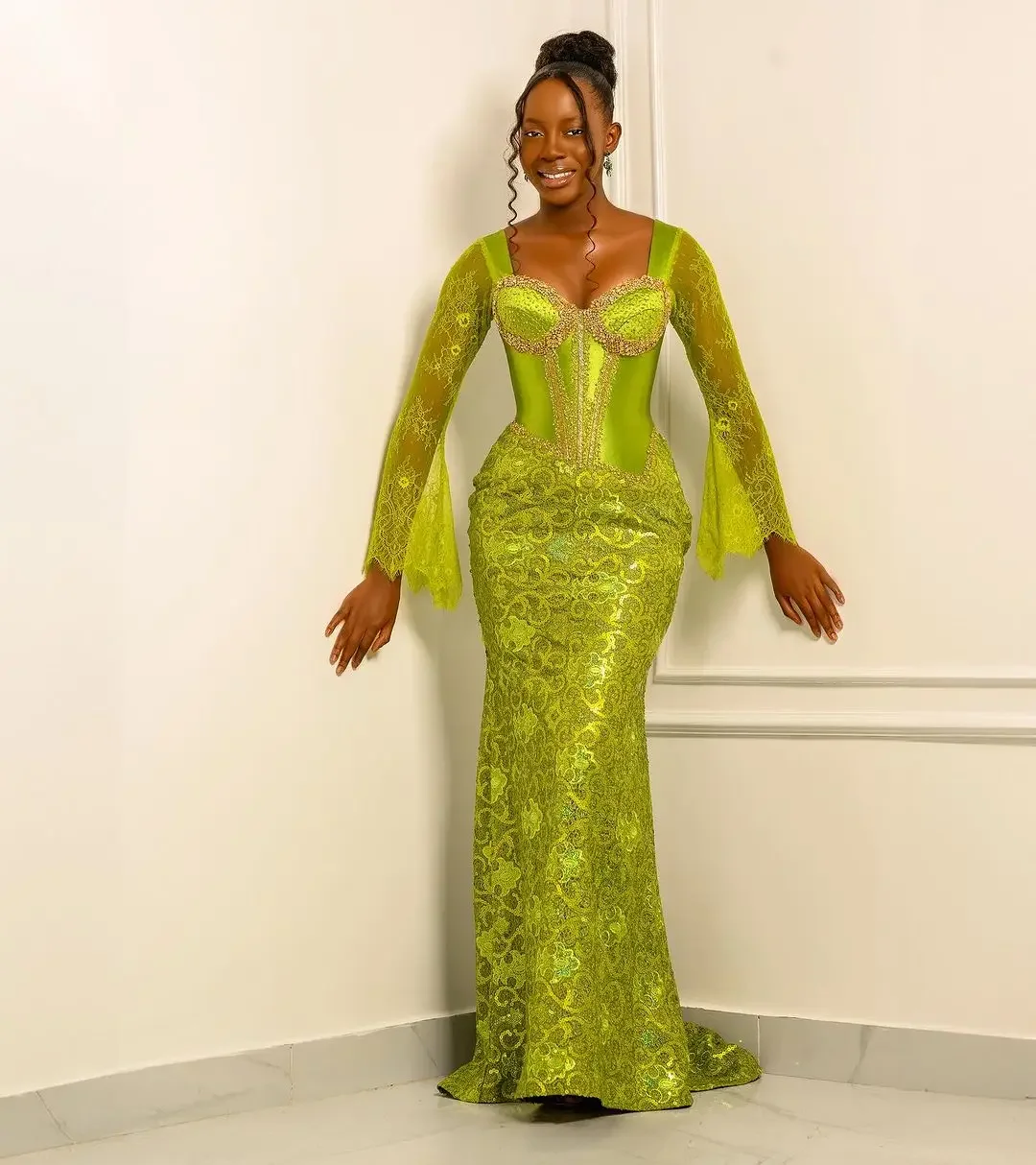 Aso Ebi-Vestido de Baile Sereia Verde para Mulheres, Manga Comprida, Ilusões Renda, Vestido de Noite, Beading Applique, Vestidos de Festa, Beading Africano