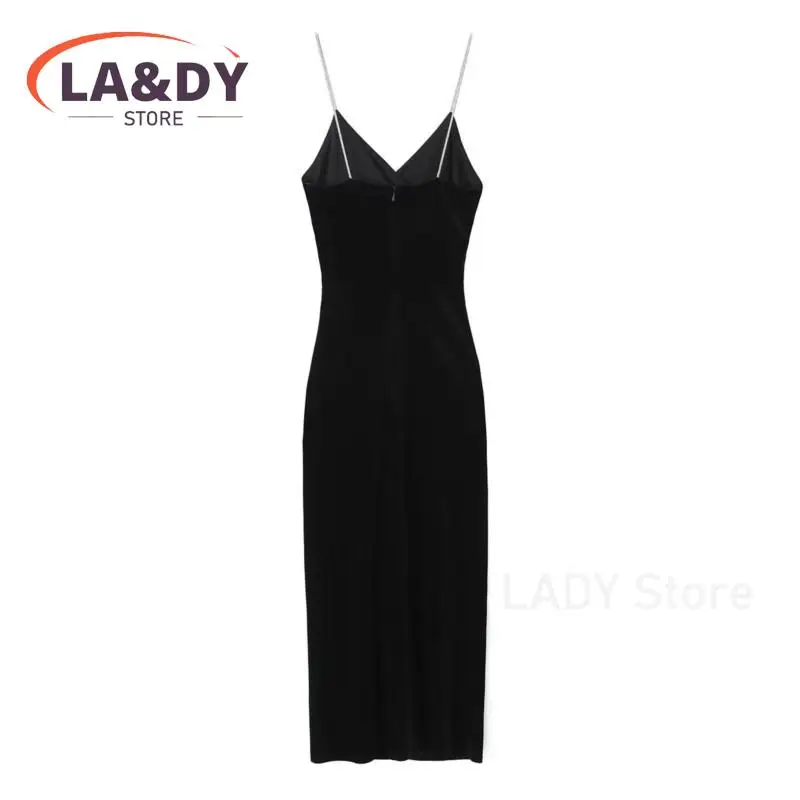 2024 New Women\'s Velvet Suspender Backless Midi Dress Female Slim Chic Black Sexy Bodycon Party Dresses Vestidos