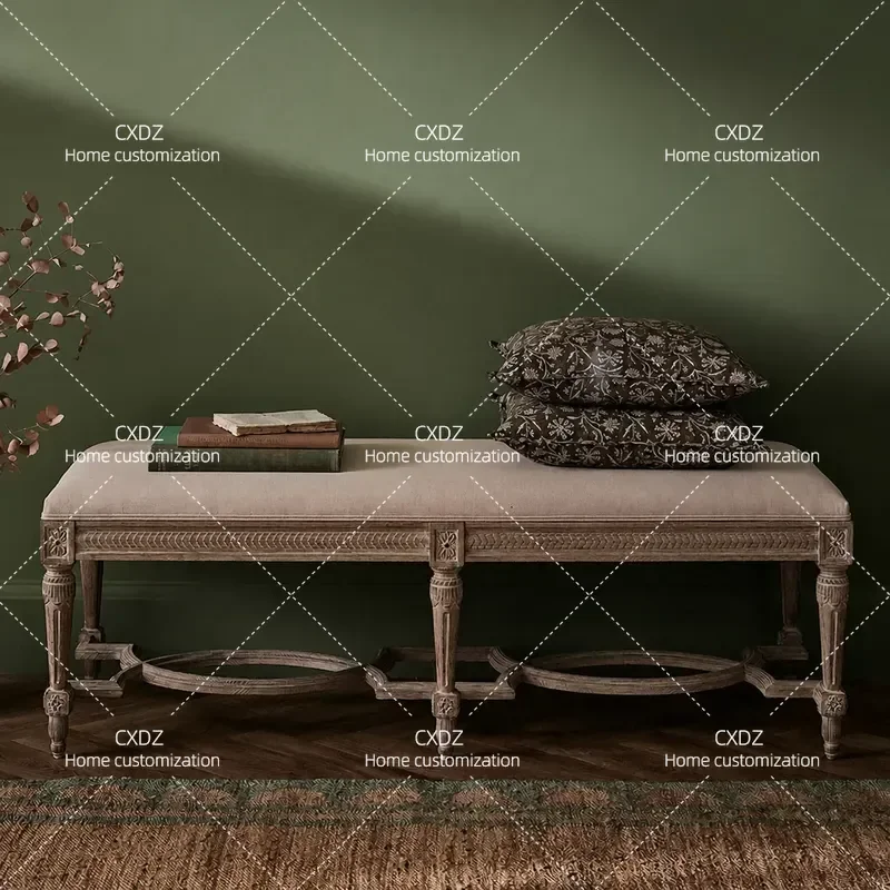 Retro Solid Wood Bench for Living Room Entrance Bedroom Bedside Cloakroom Fitting Shoe Changing Stool Household Furniture